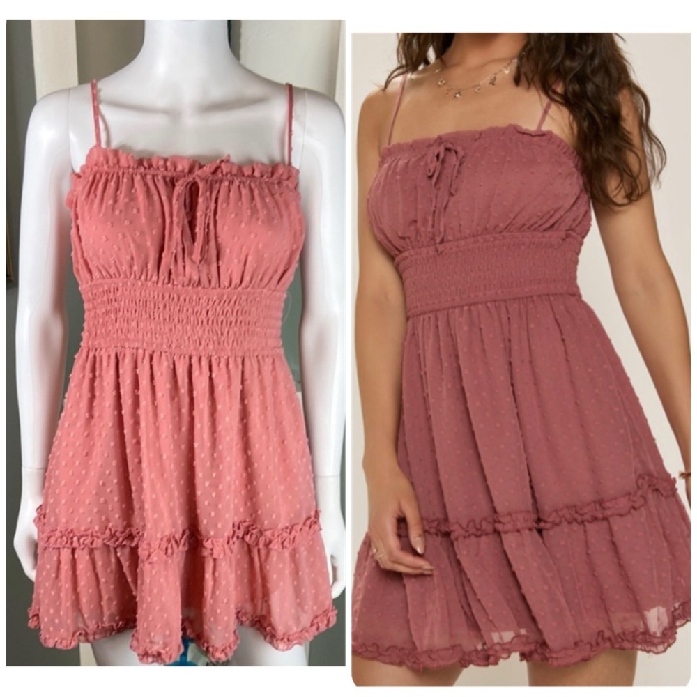 Altar’d State Pink Clip Dot Ruffled Smocked Sundress Mini Dress small S tiered